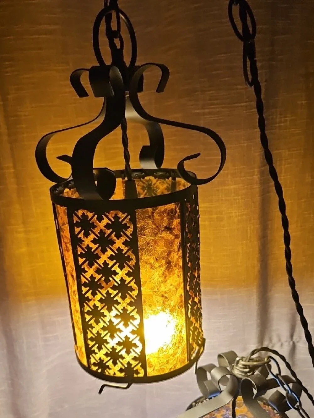 Vintage 1970s Spanish Revival Wrought Iron & Amber Acrylic Pendant Swag Lamps